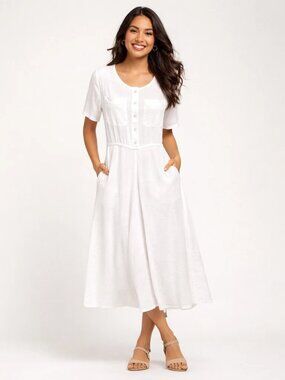 Vtg 80s Banana Republic Safari White Cotton Midi Dress Utility Pockets M